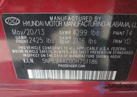 2013 Hyundai Sonata Gls from USA, damaged, VIN 5NPEB4AC0DH751186